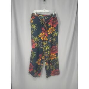 Boho Pants Womens XL Navy Tropical Floral Wide Leg Belted Elastic High Rise